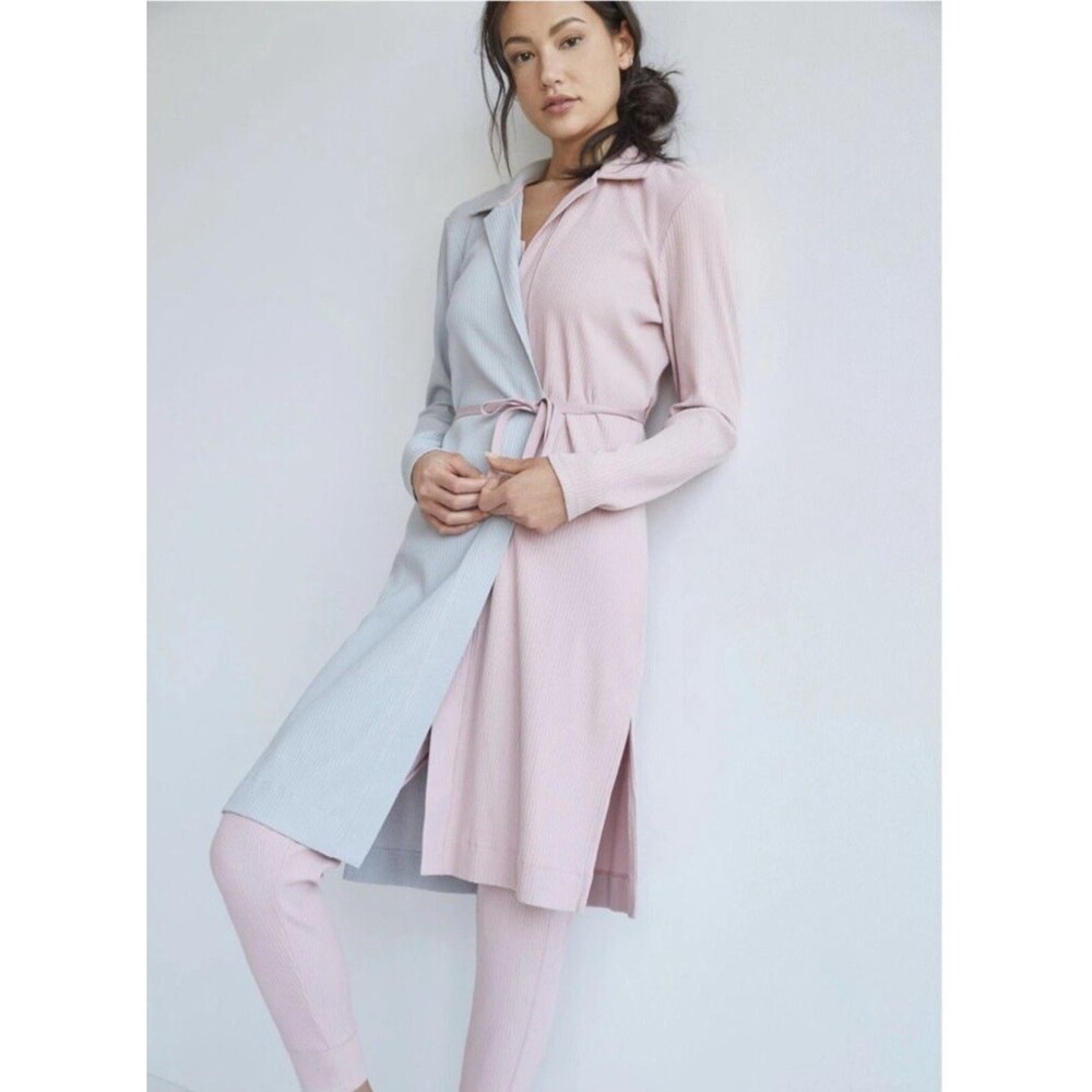 Daily Practice Anthropologie Pink Cream Color Block Ribbed Robe Duster XL